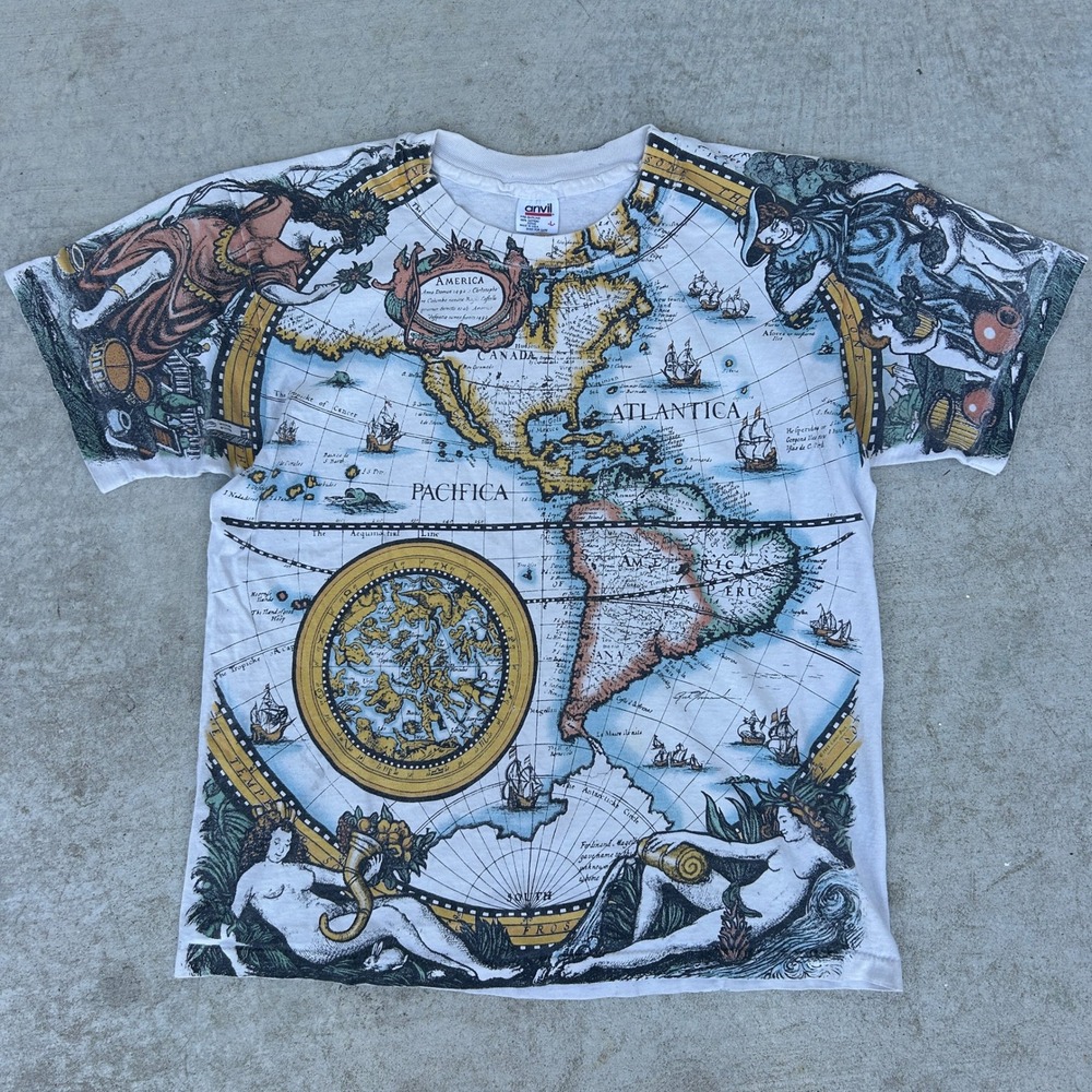 Liquid Blue World Map T-Shirt Large Vintage 90s All Over Print AOP Made in USA L